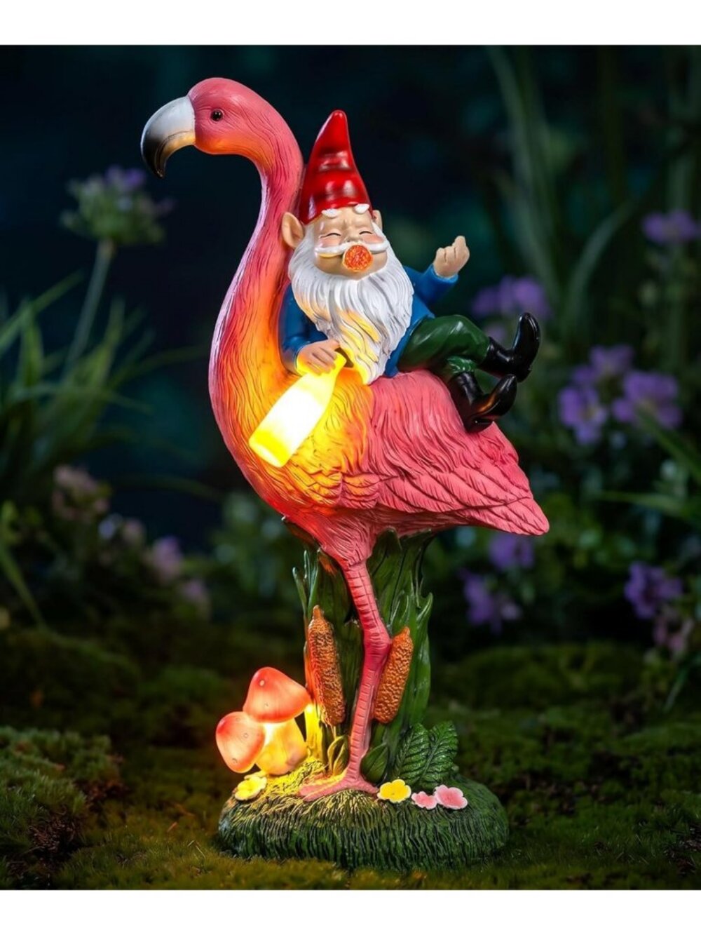 Funny Garden Gnome Riding Flamingo Statue - Solar LED Outdoor Decor, 13in